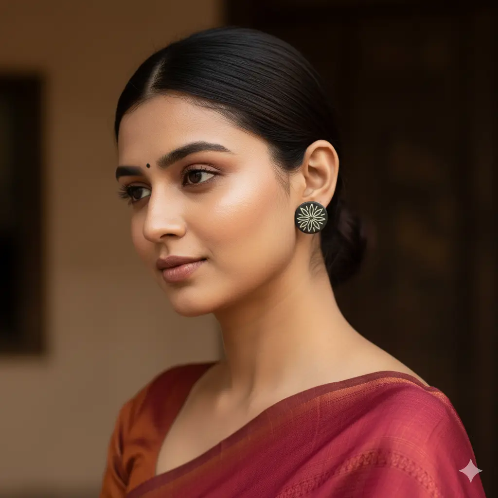 Bidri Silver Inlay Rounded Earrings Pair