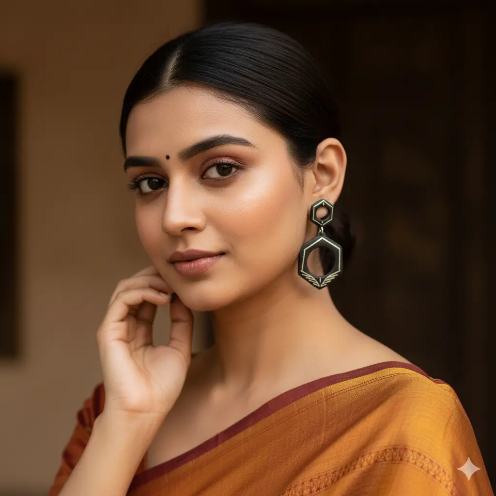 Bidri Silver Inlay Pentagon Earrings