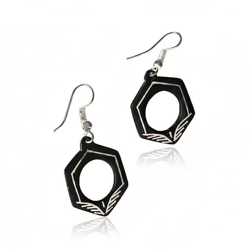 Bidri Silver Inlay Pentagon Shaped Earrings Pair